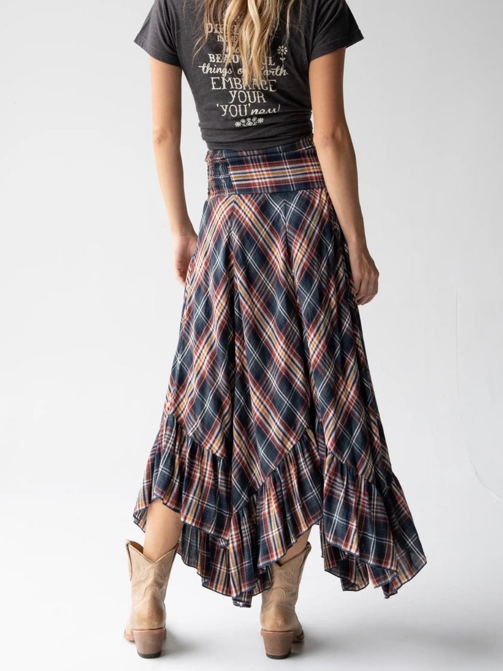 Like New, Plaid Ruffle Hem Maxi Skirt - Navy Multi
